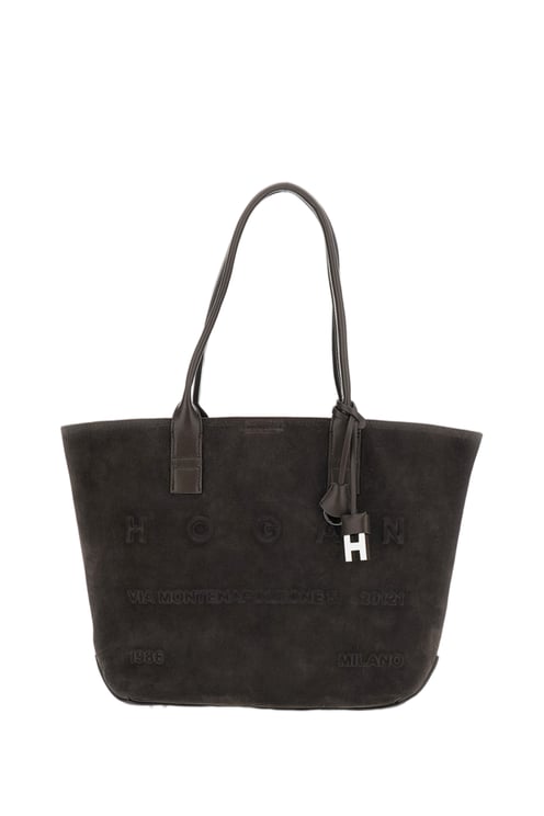 HOGAN Small Suede Leather Tote Bag with Embossed Address Logo