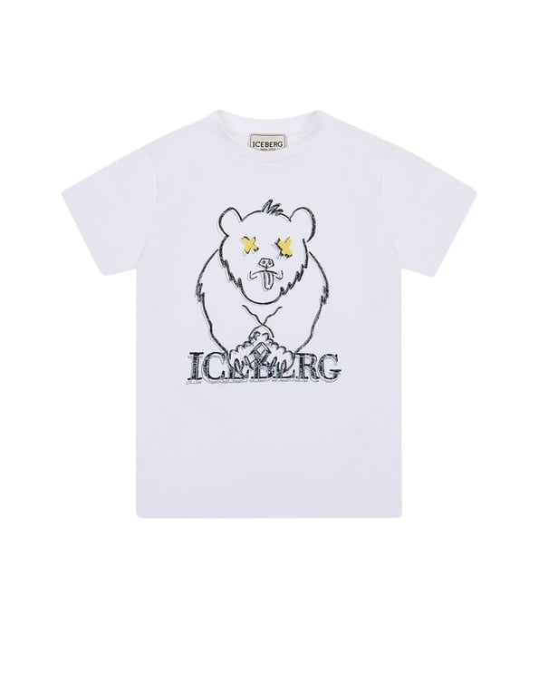 Iceberg KIDS - White cotton crew neck T-shirt with Bear and Iceberg logo