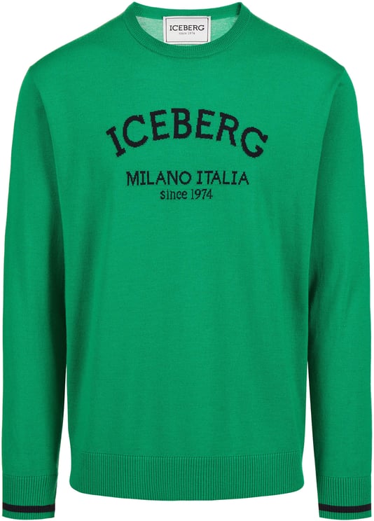 Iceberg Emerald green crewneck sweater in extra-fine merino with Iceberg Milano Italia logo