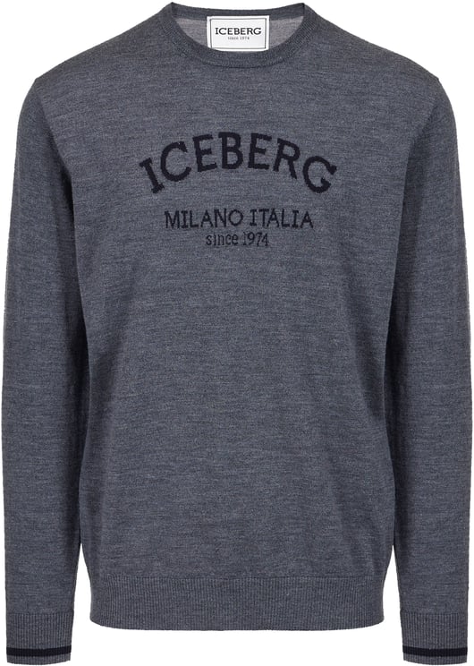 Iceberg Dark grey melange crewneck sweater in extrafine merino with Iceberg Milano Italia logo
