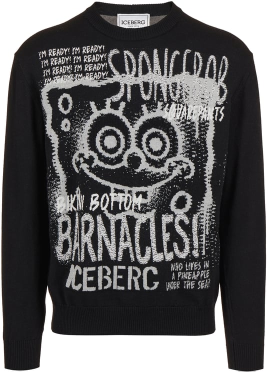 Iceberg Black crewneck sweater in extrafine merino wool with cartoon inlay