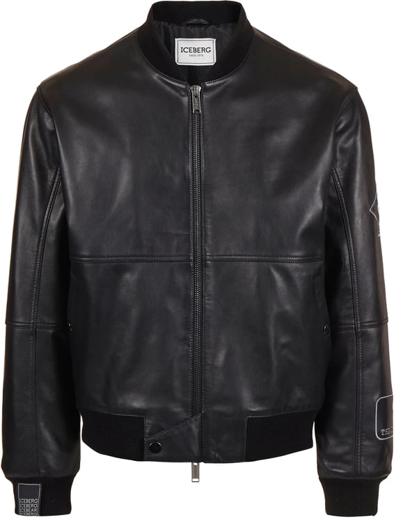 Iceberg Black leather bomber with embroidered patches
