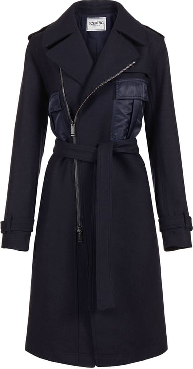 Iceberg Comfort fit coat in very dark blue cloth with nylon details and logo zip
