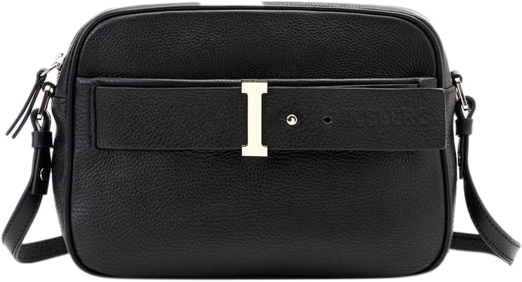 Iceberg Black Prince leather shoulder bag with I-logo buckles and debossed Iceberg logo