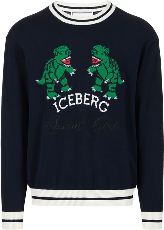 Iceberg Classic blue cotton crew neck sweater with dragon inlay