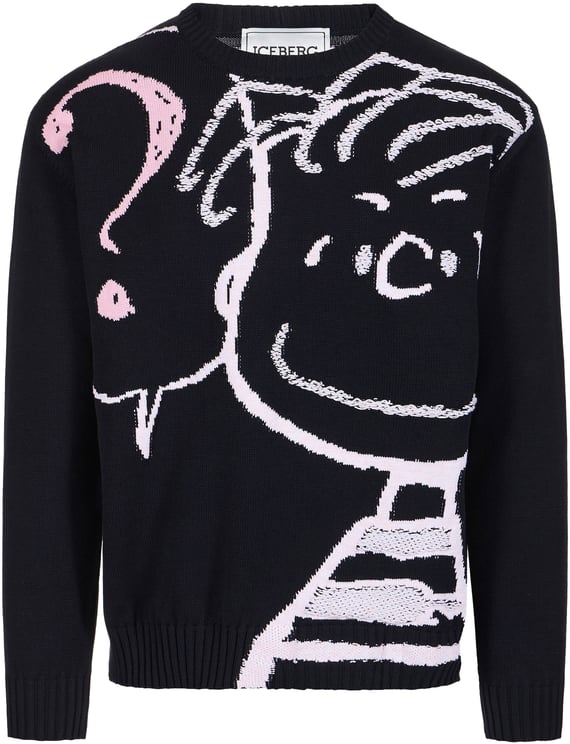 Iceberg Black cotton crew neck sweater with a Peanuts inlay