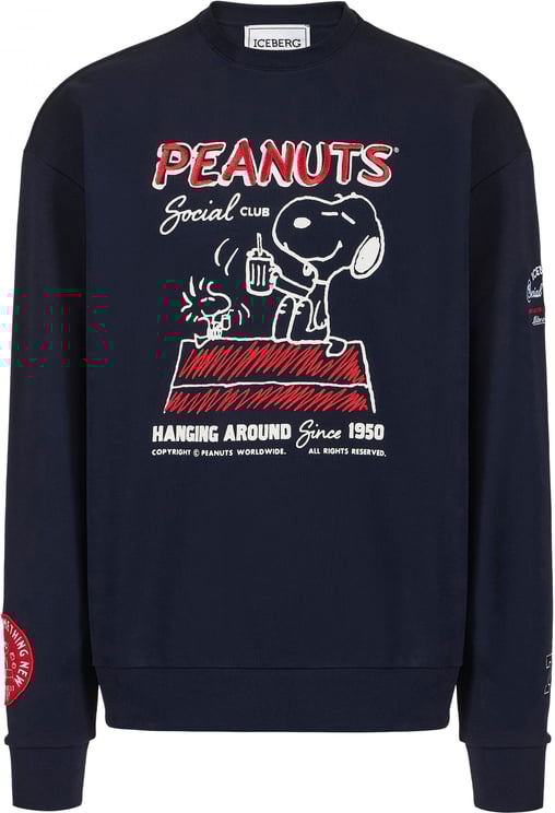 Iceberg Regular fit blue cotton fleece crew neck sweatshirt, adorned with the Peanuts design
