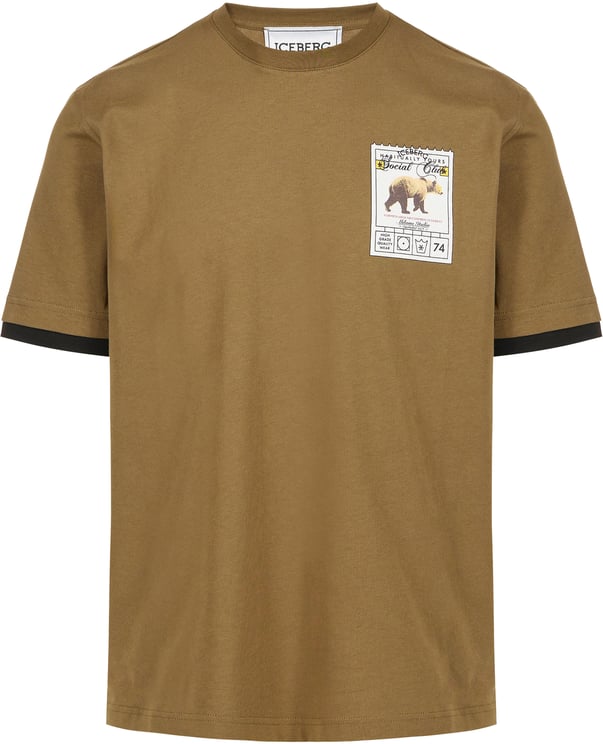 Iceberg Regular fit khaki cotton jersey T-shirt with Social Club print
