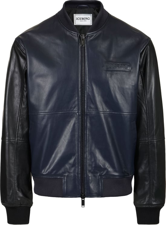 Iceberg Blue and black leather jacket with dinosaur embroidery