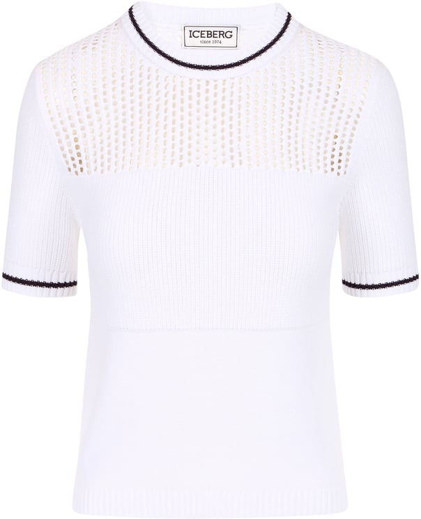 Iceberg Optic white cotton crew neck sweater with stripes and openwork