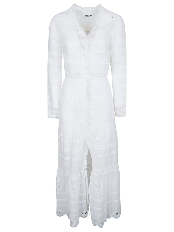Isabel Marant Long White Dress with Crochet Lace Inserts and Asymmetrical Hem