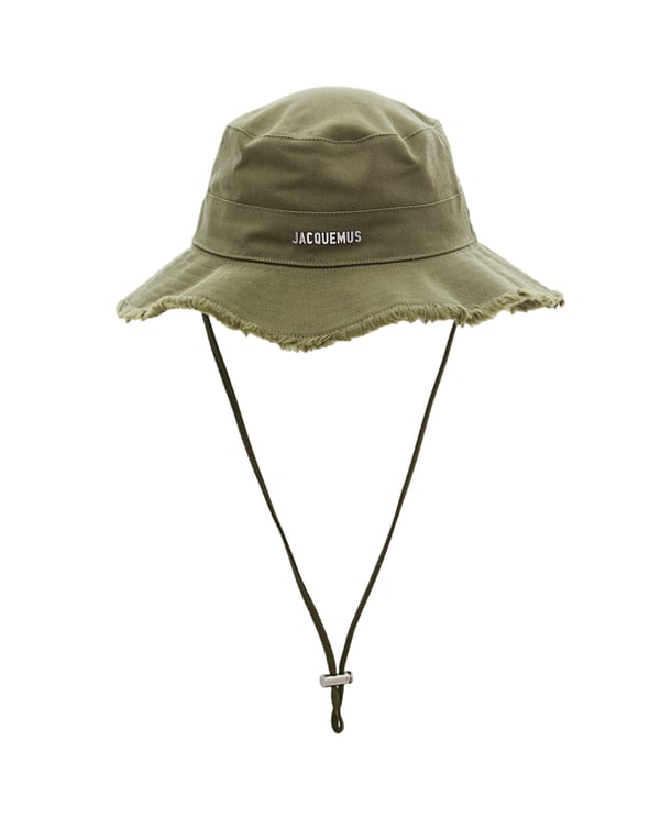 Jacquemus Green Cotton Bucket Hat with Silver Logo and Adjustable Chin Strap