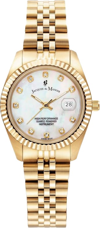 Jacques du Manoir Jacques du Manoir Horloge JWL01203 Staal met Geelgouden Plating Quartz Swiss made met Mother of Pearl Wijzerplaat 31mm