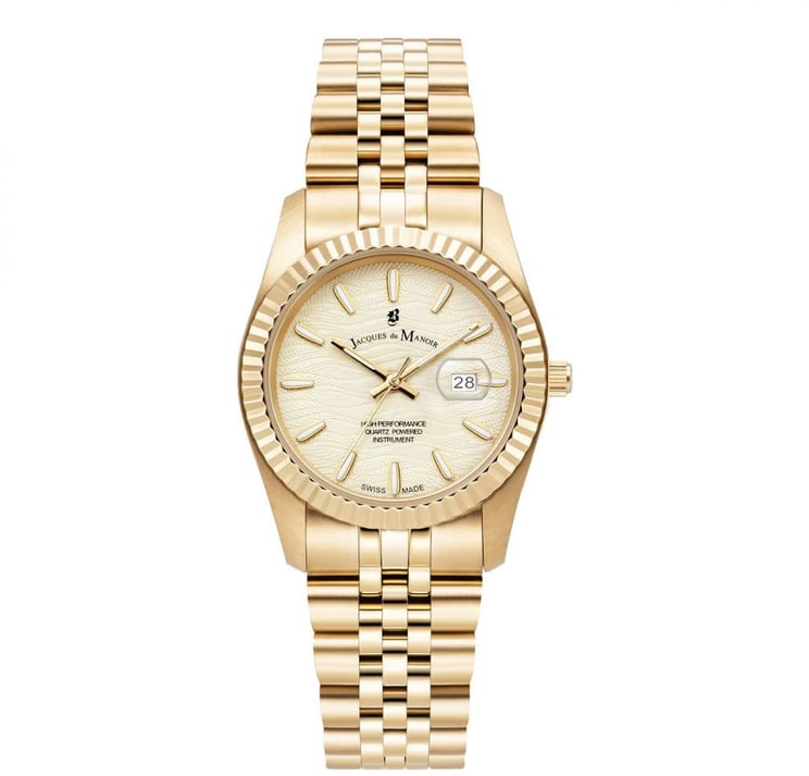 Jacques du Manoir Jacques du Manoir Horloge JWL01804 Staal met Geelgouden Plating en Gouden Reliëf Wijzerplaat 34mm