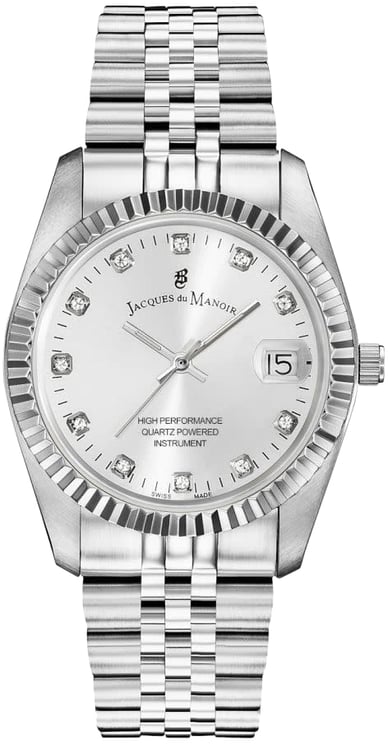 Jacques du Manoir Jaques du Manoir NR0.01 horloge dames staal met staalgrijze wijzerplaat bezet met zirconia