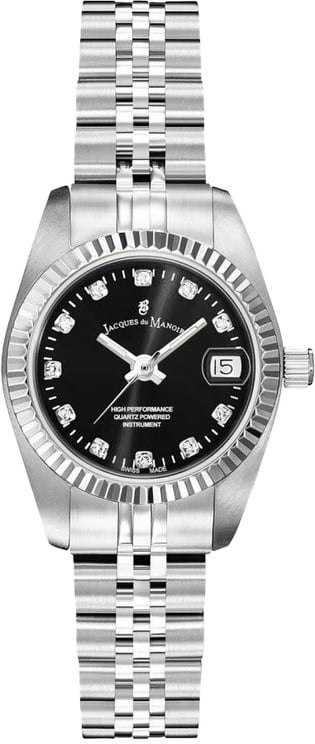 Jacques du Manoir Jacques du Manoir Horloge NRO.06 Inspiration Staal met Zwarte Wijzerplaat en Zirkonia 28mm