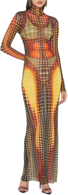 Jean Paul Gaultier Re-edition Long Dress High Neck With Long Sleeves Orange/blue/brown