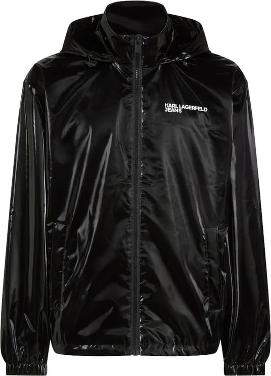 Karl Lagerfeld Glossy Black Finish Casual Jacket with Adjustable Hood