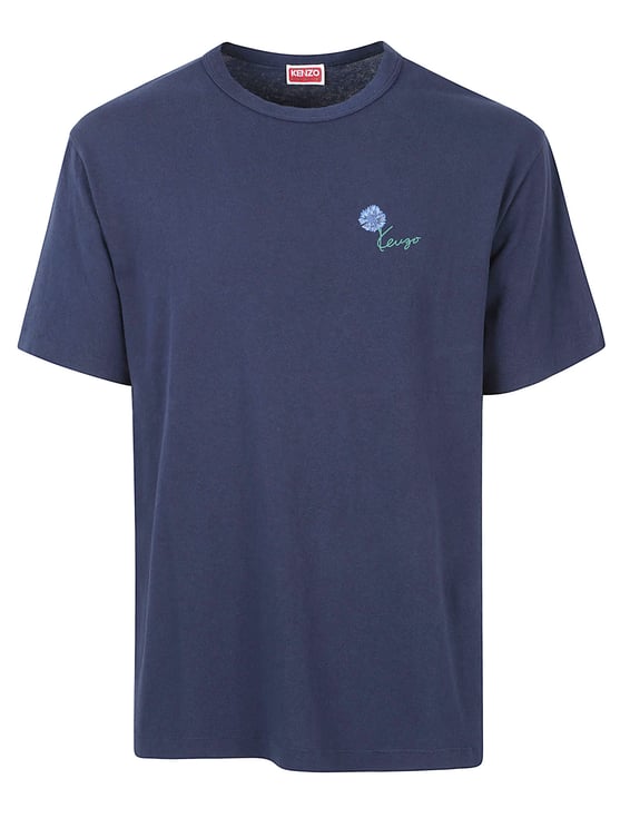 Kenzo Navy Blue Short-Sleeve T-Shirt with Embroidered Floral Detail