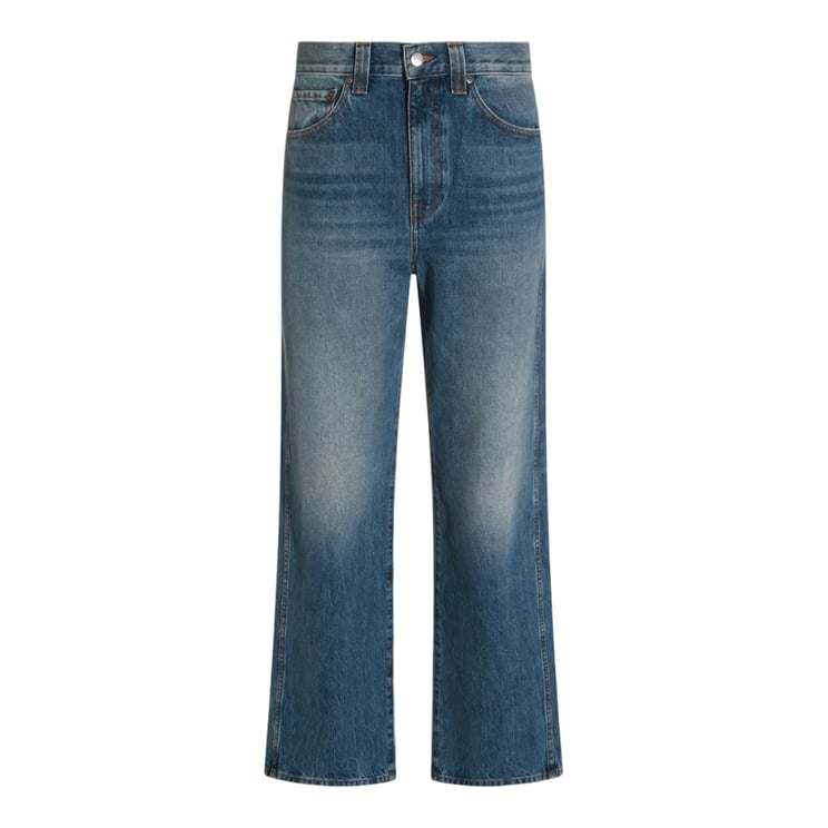 Khaite Mid-Blue Straight-Leg Jeans with Subtle Fading and Distressed Hems