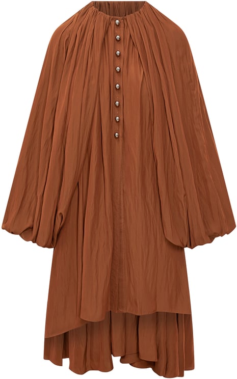 Lanvin Abito Marrone in Voile Plissettato con Bottoni di Lanvin