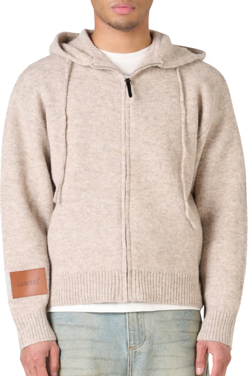LUMI3RE Leather Patch Knitted Hooded Sweater Beige