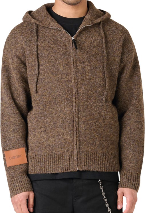 LUMI3RE Leather Patch Knitted Hooded Sweater Brown