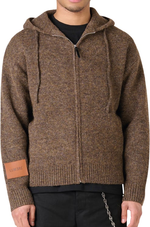 LUMI3RE Leather Patch Knitted Hooded Sweater Brown