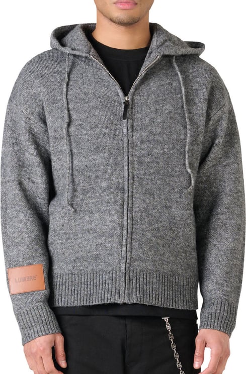 LUMI3RE Leather Patch Knitted Hooded Sweater Black-Grey