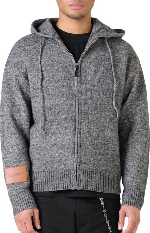 LUMI3RE Leather Patch Knitted Hooded Sweater Black-Grey