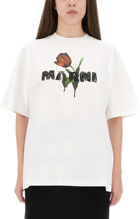 Marni WHITE COTTON T-SHIRT WITH TULIP PRINT