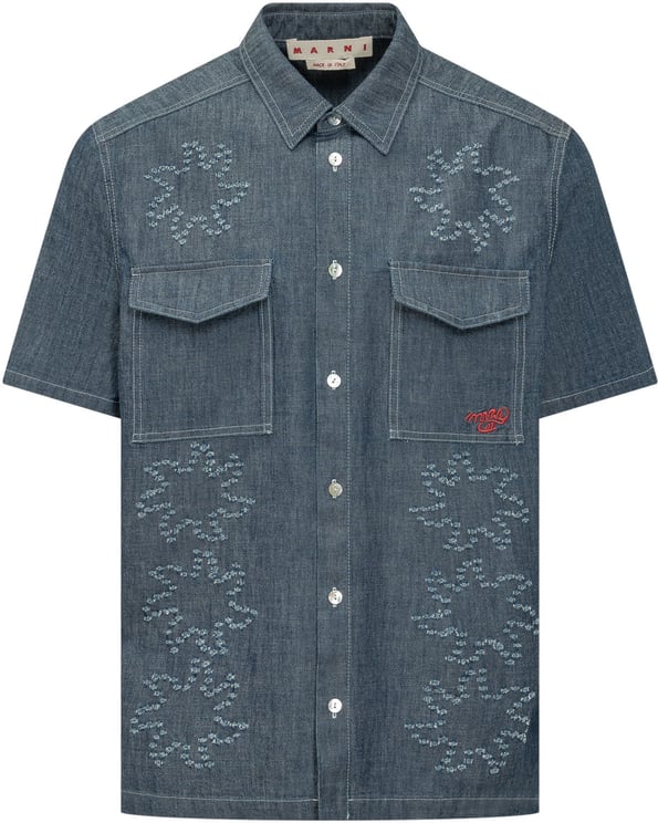 Marni Camicia Denim con Tasche Applicate e Ricami