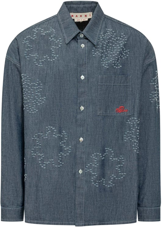 Marni Camicia Denim con Ricami e Tasca Applicata