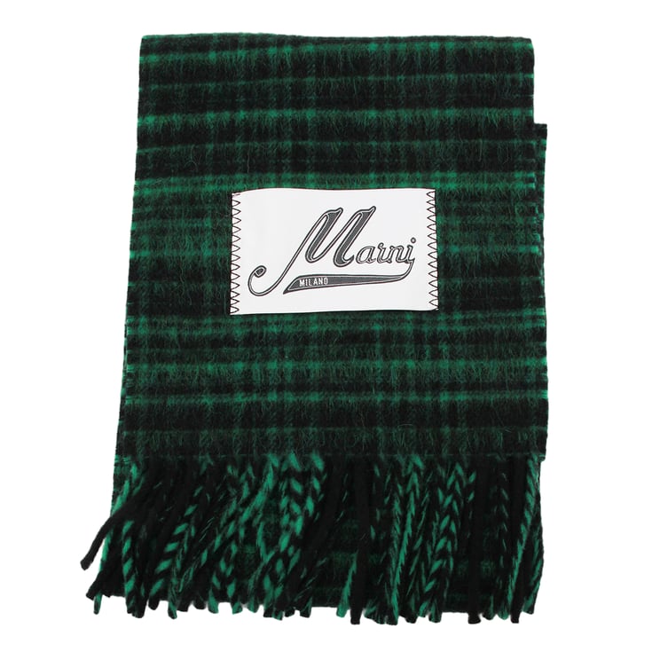 Marni Checkered Green Scarf With Fringed Edges And Stylized Patch