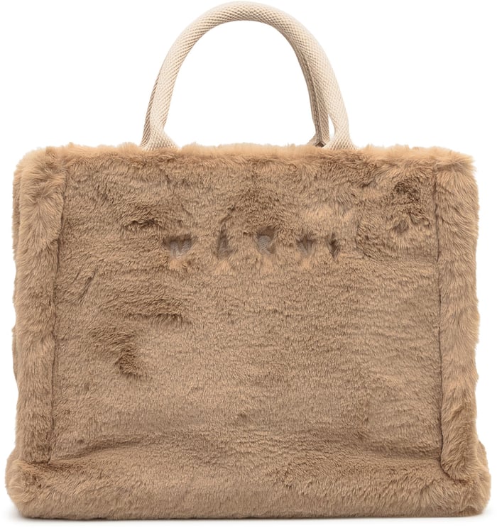 Marni Marni Borsa Shopper in Pelliccia Beige con Manici