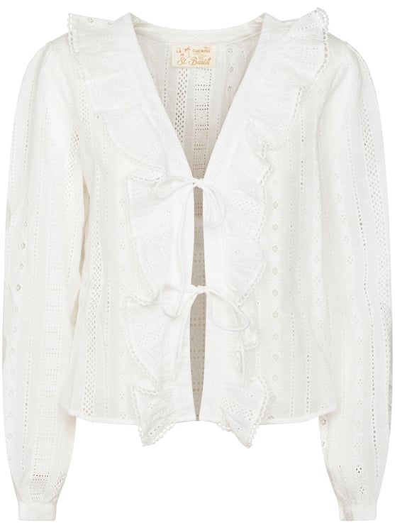 MC2 Saint Barth Sangallo Striped Cotton Blouse with Ruffled Trim