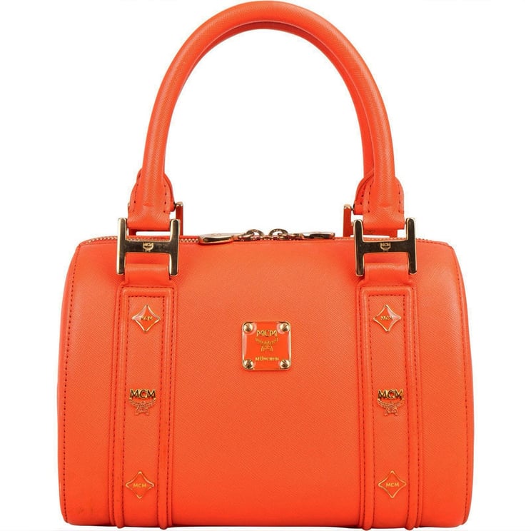 MCM MCM Orange Grained Leather Essential Studded Small Boston Handbag