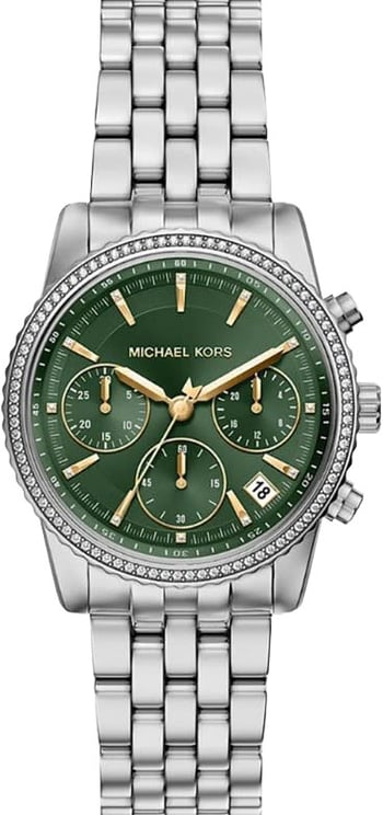 Michael Kors Michael Kors Horloge MK7583 Bryant Staal met Kristallen Groene Wijzerplaat Quartz 35mm