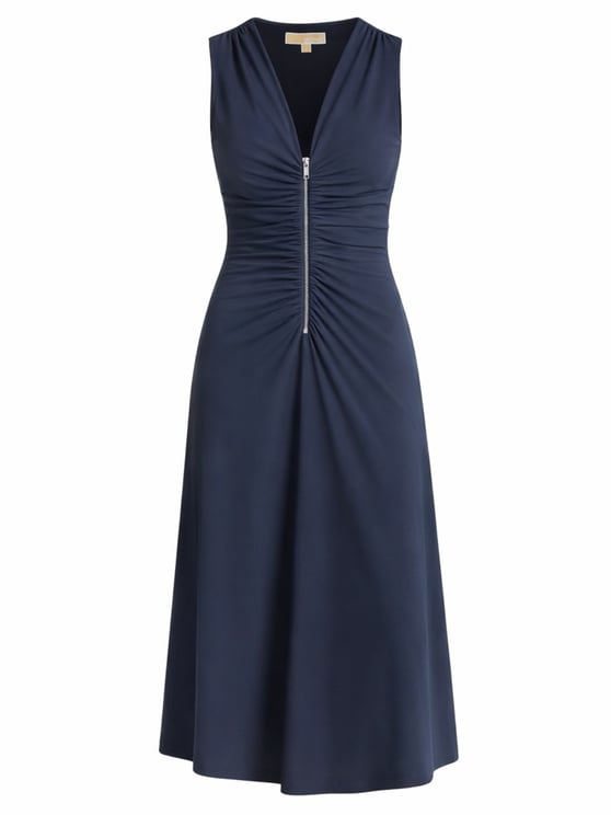 Michael Kors Ruched Recycled Polyester V-Neck Midi Dress