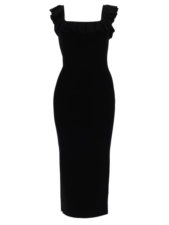 Michael Kors Fitted Midi Dress with Ruffled Detailing and Back Slit