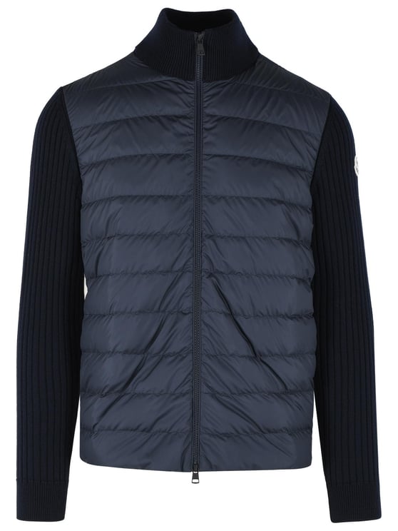 Moncler Padded Virgin Wool Cardigan With Zip Navy Blue