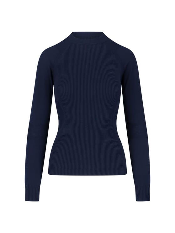 Moncler Blue Ribbed Viscose Blend Logo Sweater