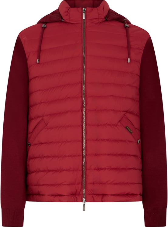 Moorer Padded jacket in two shades of red with hood.