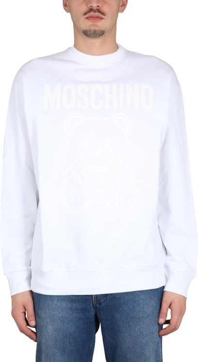 Moschino Cross-Neck White Sweatshirt With Playful Teddy Bear Graphic