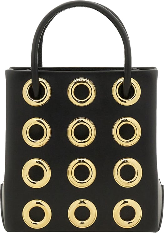 Moschino Structured Black Leather Bag With Gold Grommet Details