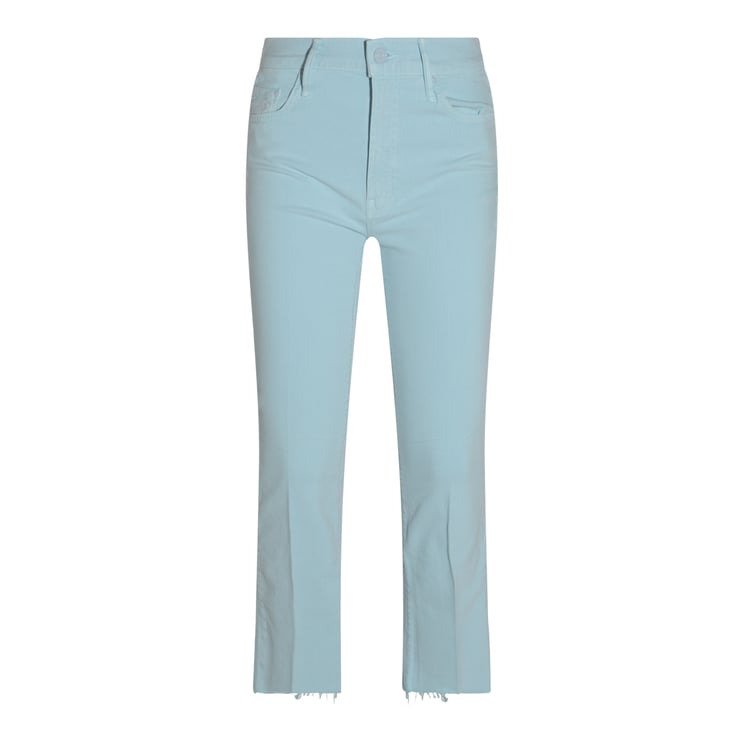 Mother Light Blue Flared Jeans with Raw Hem Detail