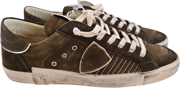 Philippe Model Sneakers cuir vieilli taupe vert Paris low Philippe Model Homme baskets PRLU XP10