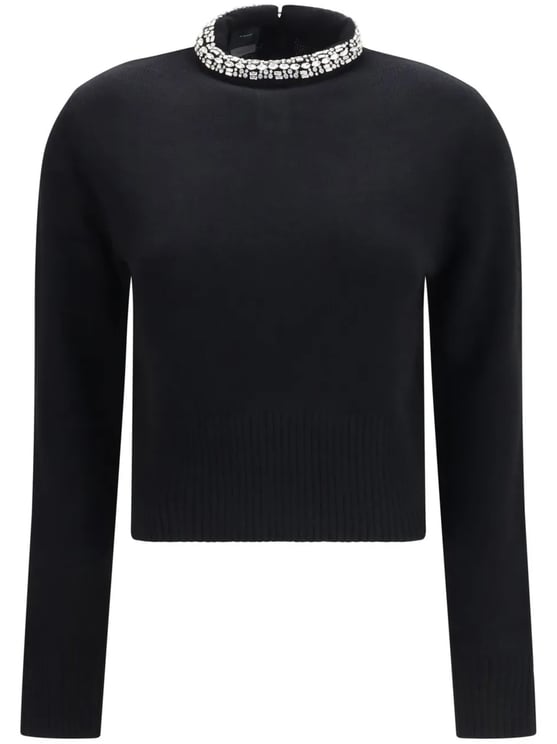 Pinko Black Cropped Wool Sweater with Embellished Neckline