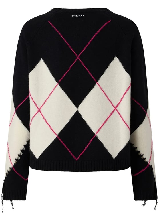 Pinko Cropped Black Argyle Sweater With Bold Cut-Out Details