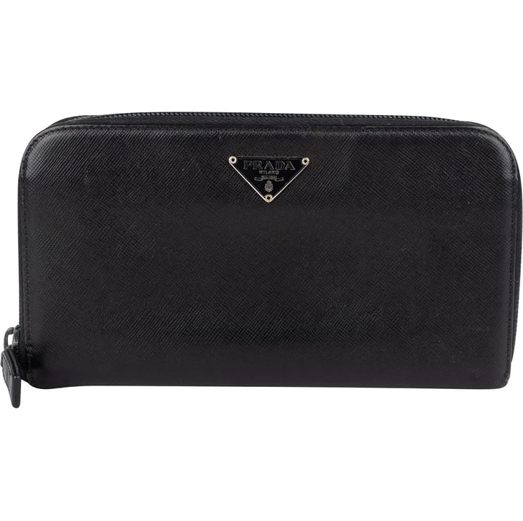 Prada Prada Black Saffiano Leather Triangle Zip Around Wallet